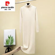皮爾卡丹（pierre cardin）針織連衣裙女秋冬長(cháng)款加厚氣質(zhì)過(guò)膝毛衣裙長(cháng)袖修身高領(lǐng)內搭打底裙 長(cháng)款105cm 米杏 L 建議115-130斤
