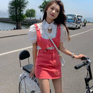 蘭威費雷港味設計感兩穿背帶裙女夏季新款韓版百搭可拆卸連體牛仔短裙 粉色 S 【建議80-95斤】