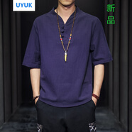 UYUK短袖男冰絲T恤男夏季中國風(fēng)亞麻短袖寬松棉麻半袖V領(lǐng)五分袖上衣潮牌男裝 7026藏青色 5XL