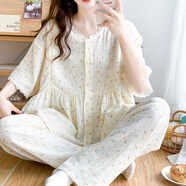 月子服100%純棉紗布孕婦睡衣女春夏季薄款短袖產(chǎn)后孕期哺乳家居服 HYS-2619（短褲+長(cháng)褲）純棉紗布 M碼