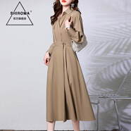 SHIROMA春秋長(cháng)袖襯衫連衣裙女氣質(zhì)收腰顯瘦感別致長(cháng)裙子 卡其色 L