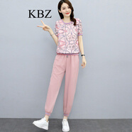 KBZ運(yùn)動(dòng)套裝女 香港潮牌夏季新款休閑碎花上衣韓版減齡職業(yè)兩件套 粉色 2XL