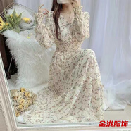 佐菲黛甜美小清新碎花時尚連衣裙女時尚春秋新款長袖氣質(zhì)收腰中長款裙子 米色單層不透-打底連衣裙秋冬遮肚顯瘦 S -打底連衣裙秋冬遮肚顯瘦