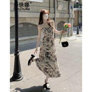 丹珠娜（DanZhuNa）法式純欲吊帶連衣裙子夏天女裝2025新款國風(fēng)三亞旅游度假海邊長裙 水墨畫吊帶裙 S