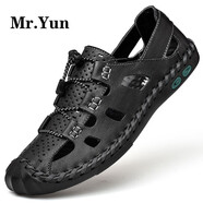 Mr.Yun涼鞋男夏季真皮沙灘鞋牛皮包頭套腳休閑戶外防滑耐磨溯溪皮涼鞋子 黑色 38