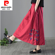 皮爾卡丹（pierre cardin）棉麻半身裙女2024夏裝新品文藝民族風(fēng)復(fù)古亞麻刺繡寬松A字裙長裙 紅色 M 【建議115斤以內(nèi)】