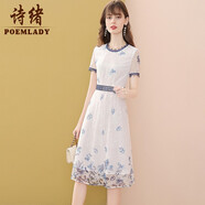詩緒氣質(zhì)溫柔風蕾絲連衣裙夏2025年新款女復古印花收腰a字裙55789 白色 XXL