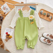 卿寶蓓嬰兒連體衣秋裝純棉套裝外出爬服新生嬰兒衣服春裝女寶寶公主哈衣 綠色花朵假背帶  連體衣 80cm 80碼建議8-12個(gè)月