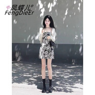 鳳蝶兒新款連衣裙女裝秋季2024年法式甜辣純欲小個子碎花吊帶連衣裙子秋 披肩+吊帶裙 S