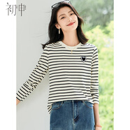 初申春秋長袖T恤女純棉愛心標(biāo)時(shí)尚休閑條紋圓領(lǐng)長袖打底上衣S143T2005