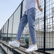 衣然呈品淺色束腳牛仔褲男秋季新款簡(jiǎn)約寬松韓版vibe風(fēng)工裝休閑九分褲子男 藍(lán)色 S【建議80-95斤】