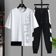 花花公子胖子男裝長(cháng)褲短袖t恤特大碼搭配時(shí)尚套裝衣服肥大碼兩件套 NL白色(上衣+拼接褲) 5XL (185-205斤)