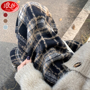 浪莎格子褲女春秋季新款寬松高腰垂感顯瘦休閑褲復(fù)古毛呢闊腿褲加絨 藏青色-常規(guī)款 XL 建議126-140斤