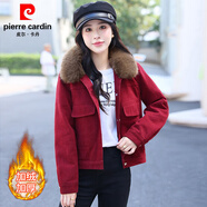 皮爾卡丹2025冬季新款加絨加厚牛仔外套女短款寬松休閑小個子工裝夾克上衣 酒紅色加毛領 L【100-110斤】