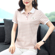 凡古拉 polo短袖t恤女夏季翻領(lǐng)寬松中年女士條紋上衣純棉半袖 粗條紋粉色 XL/建議110-119斤