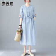 尚芙琦连衣裙2022春夏季新款女装韩版宽松显瘦短袖中长款裙子女S1239 蓝色 L（115-130斤）