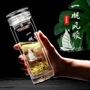 鋼盾鋼化玻璃杯水杯防摔男泡茶杯子水晶杯喝茶玻璃杯子玻璃杯雙層水杯 【水晶蓋】短網(wǎng) 一帆風(fēng)順 360ml