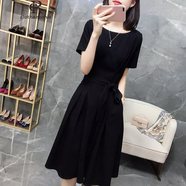 clotho Rennie品牌女裝韓版短袖連衣裙女2025夏新款氣質(zhì)通勤休閑時(shí)尚收腰顯瘦 黑色 XL