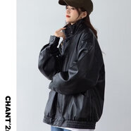 蘭婉坊春秋款機(jī)車皮衣外套女新款美式復(fù)古寬松休閑PU皮夾克短款上衣 2027黑色拉鏈-紐扣 男女 M  建議90-120斤