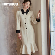 ROEYSHOUSE羅衣優(yōu)雅簡約小香風粗花呢連衣裙女秋裝新款拼接緞面魚尾裙07780 杏色 L
