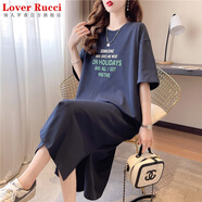 LOVER RUCCI法國純棉短袖2025年新款夏寬松懶人裙中長(cháng)款T恤裙女開(kāi)叉ins連衣裙 藏藍色731 L