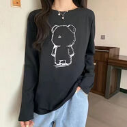 維若斯中長(zhǎng)款長(zhǎng)袖圓領(lǐng)T恤女韓版ins百搭打底衫女純棉印花寬松上衣秋衣 H308*黑色 M （90-105斤）