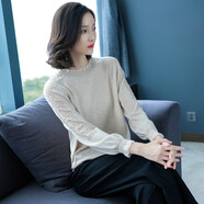 歌米拉 針織衫女春秋套頭時(shí)尚薄款百搭秋季新款內(nèi)搭春秋毛衣蕾絲針織打底衫 米色 XL