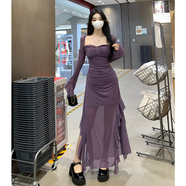 西兒氣質(zhì)辣妹風(fēng)絕絕紫方領(lǐng)連衣裙女荷葉邊拼接顯瘦開叉氣質(zhì)包臀長裙 紫色連衣裙 L