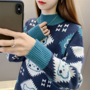 施洛瀾 半高領(lǐng)加厚毛衣女士2025秋冬裝新款寬松保暖打底衫長(cháng)袖上衣針織 藏青 均碼 建議90-135斤