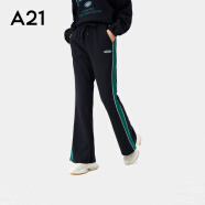 A21秋季女装休闲裤条纹撞色运动宽松时尚针织长裤 黑色 XS