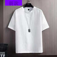 嗨森主義冰絲亞麻短袖T恤男夏季半袖棉麻純色寬松打底衫休閑五分袖上衣服 白色991 S