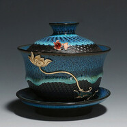 品言 天目釉窯變 三才碗 敬茶碗 功夫茶具 功夫蓋碗 天目釉大號 蓋碗 藍珀蓋碗(金蓮花)紅魚(yú)(簡(jiǎn)約裝)