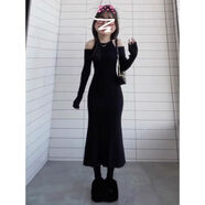 桃伊悠（taoyiyou）法式氣質(zhì)針織長(cháng)款連衣裙子秋冬露肩一字修身魚(yú)尾長(cháng)裙2024新款女裝 黑色 XL