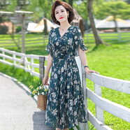 法蘿迪 中老年女裝媽媽裝夏季女裝中年仿桑蠶絲真絲大碼短袖連衣裙 綠色 3XL