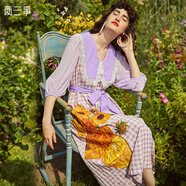 兩三事梵高系列 向夏日葵 夏季新款復(fù)古蕾絲格子印花連衣裙 紫色 S