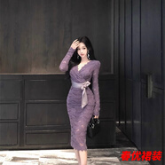 芭瑾圖紫色v領(lǐng)蕾絲連衣裙女秋季長袖修身綁帶中長款輕熟風收腰包臀裙子 紫蘭色 XL