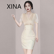 犀納（XINA）香港潮牌女神范高端修身包臀裙子夏季新款塑腰顯瘦V領(lǐng)短袖連衣裙 香檳色短袖 M