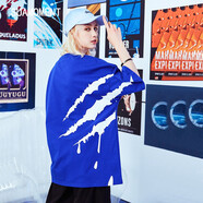 SuaMoment抓痕夏季情侶款短袖T恤側大爪印花寬松潮流牌體恤ins 藍色 S