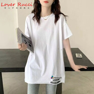 LOVER RUCCI2024夏純棉破洞白色遮臀長款白t恤中長款短袖女遮屁股寬松長t上衣 白色AA0137 L 135斤-165斤
