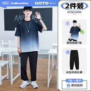 阿尼三青少年冰絲短袖t恤男夏季2025新款潮流帥氣速干衣服初高中學生裝 黑色+長褲 2XL