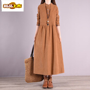 初徑燈芯絨連衣裙女秋冬款寬松顯瘦復古木耳花邊立領(lǐng)a字條絨長(cháng)裙 咖色 (少量現貨) 2XL 【建議145-160斤】