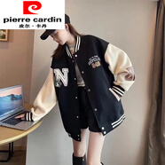 皮爾卡丹（pierre cardin）棒球服外套女2024年新款春秋設計感立領無帽寬松加厚學生衛(wèi)衣外套 黑色  雙層棉衣 S 80-110斤