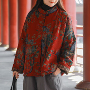 亂在江南民族風(fēng)印花夾薄棉短款外套女秋冬新品中式復(fù)古寬松保暖棉服 紅色花 均碼
