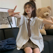 月袖兩件套裝港風(fēng)學(xué)生條紋襯衫古著(zhù)文藝小清新短袖POLO領(lǐng)襯衣百褶裙 襯衫+領(lǐng)帶+百褶裙 套裝 L