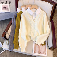 伊離姿新品假兩件毛衣女秋冬季設(shè)計感小眾拼接襯衫領(lǐng)寬松外穿針織衫毛毛 主圖色 L 1100-120
