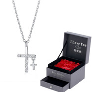 心草S999足銀十字架項鏈女歐美短款鎖骨鏈冷淡風(fēng)嘻哈吊墜520情人節 白金色+玫瑰花禮盒