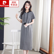 皮爾卡丹（pierre cardin）純棉連衣裙女夏條紋長款大版寬松短袖t恤裙帶帽休閑裙顯瘦遮肚子 花灰色 105款 XL 121130斤