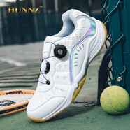 HUNNZ品牌羽毛球鞋男透氣比賽運動鞋防滑耐磨訓練鞋旋轉(zhuǎn)紐扣網(wǎng)球鞋女 白灰色 40