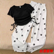 絲瀟韓系慵懶風(fēng)套裝美式甜辣妹抽繩短款短袖上衣女闊腿休閑長(cháng)褲兩件套 黑色短/袖+狗爪印長(cháng)褲-兩件套 S 60-85斤