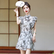 川朗連衣裙女新款中式重工刺繡2025夏季雪紡小個(gè)子改良旗袍寬松兩件套 樹(shù)葉花（連衣裙+短褲） L （100斤-110斤）